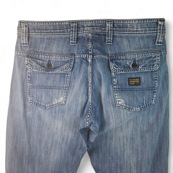 G Star Jeans Size 34 x 34 Low Com Straight Leg Zip Ankle Flap Pockets Distressed - Picture 7 of 13